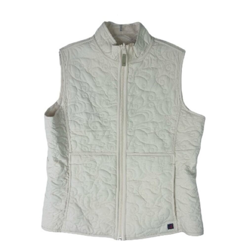 Woolrich cream quilted fleece lined preppy outdoor hiking zip vest medium